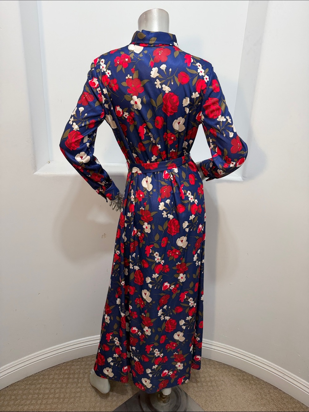 Vintage 70s Emilio Borghese Floral Navy Long-Sleeve Shirt Maxi Dress Size Sz 14 - Picture 7 of 7